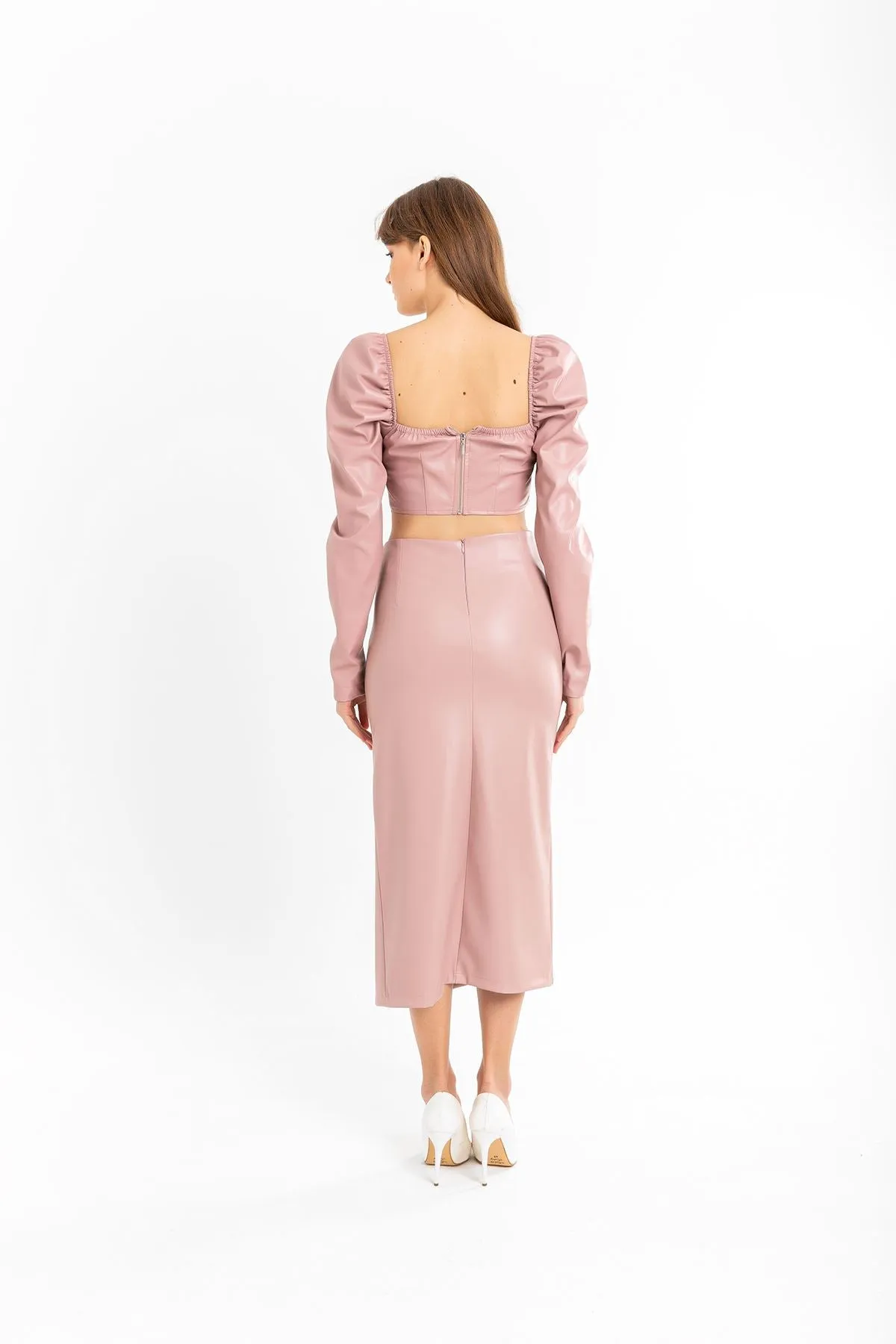 KKT Leather Fabric Above Knee Shirred Slit Women'S Skirt - Light Pink - Arlington