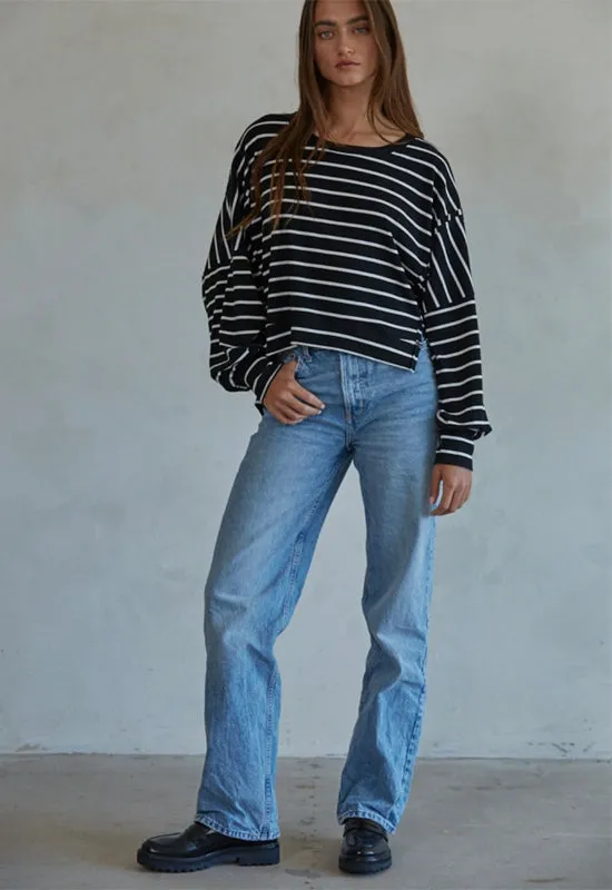 Knit Ribbed Striped Pullover - Black