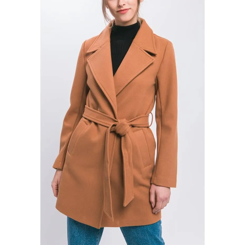 Lapel Collared Trench Coat with Waist Tie