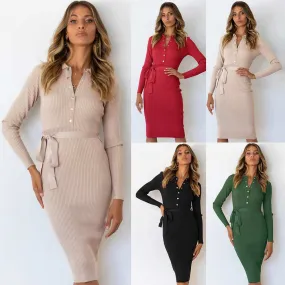 Lapel Long Sleeve Knitted Dress