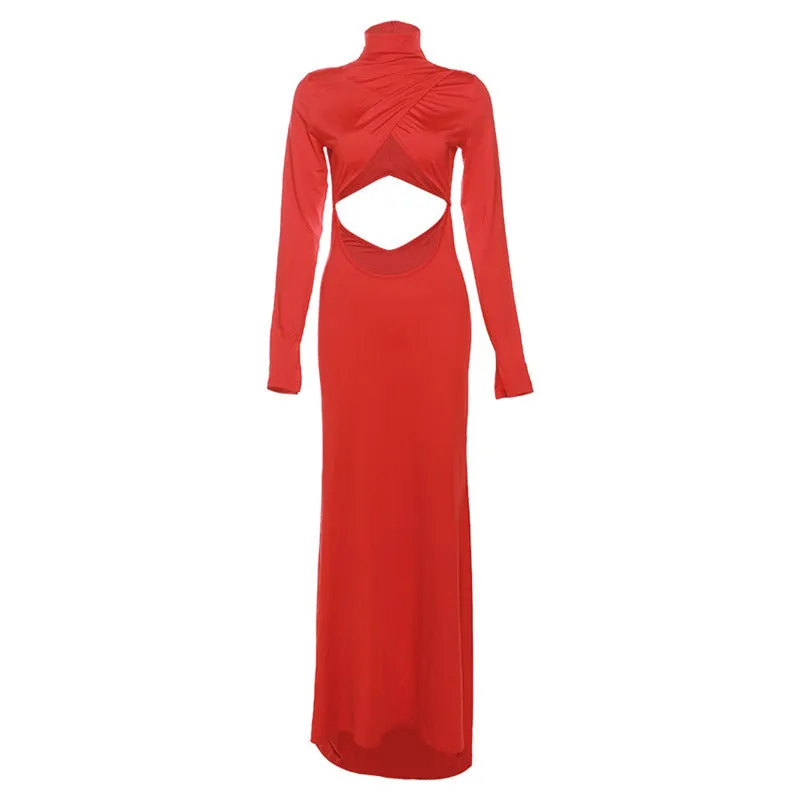 Long Sleeve Cutout High Collar Bare Cropped Evening Dress