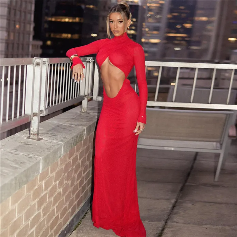 Long Sleeve Cutout High Collar Bare Cropped Evening Dress