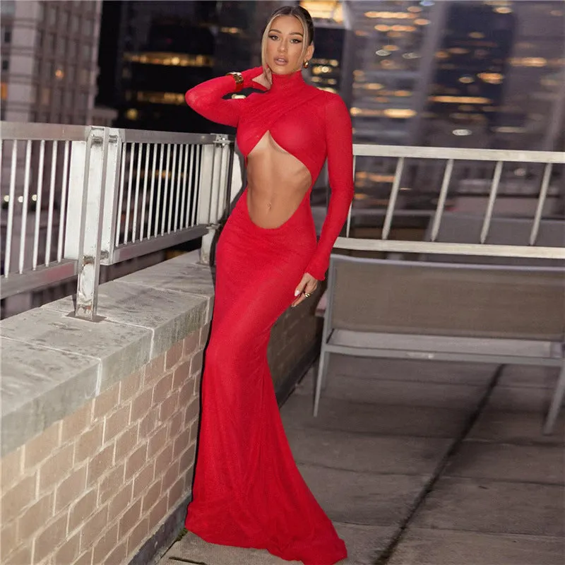 Long Sleeve Cutout High Collar Bare Cropped Evening Dress