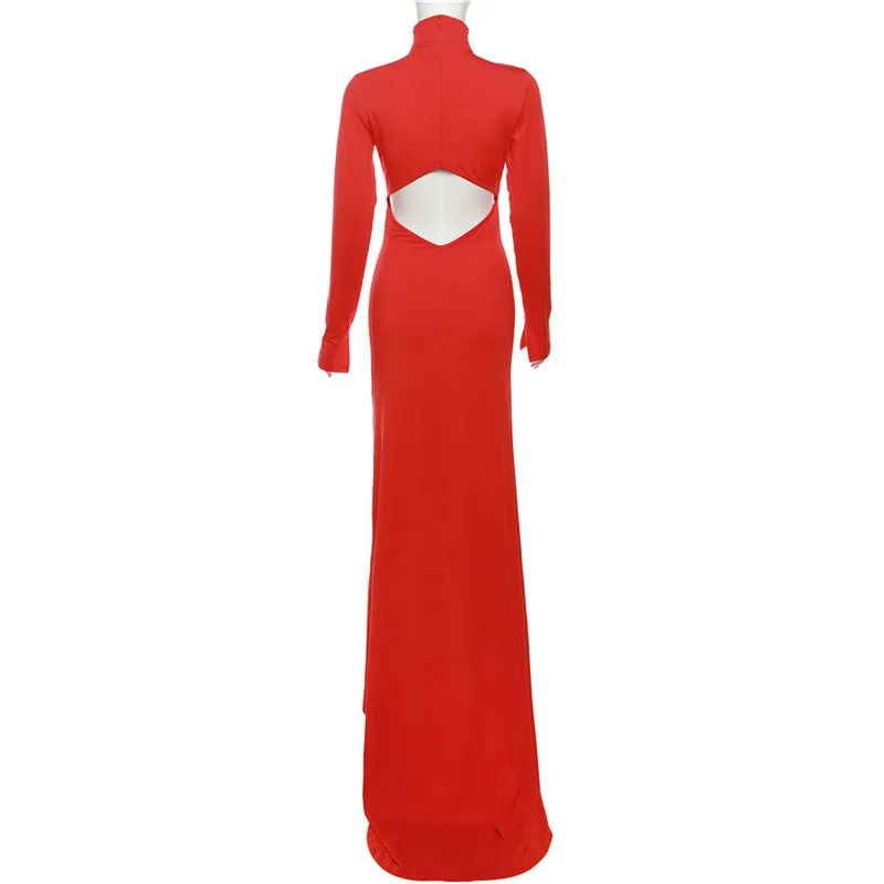 Long Sleeve Cutout High Collar Bare Cropped Evening Dress
