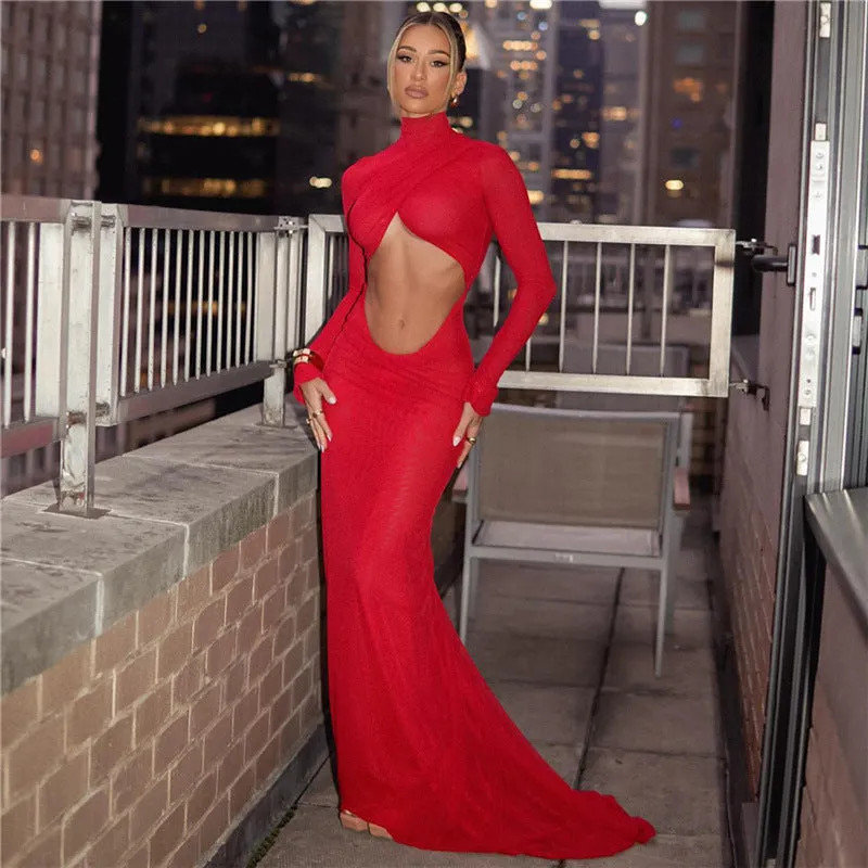 Long Sleeve Cutout High Collar Bare Cropped Evening Dress