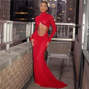 Long Sleeve Cutout High Collar Bare Cropped Evening Dress