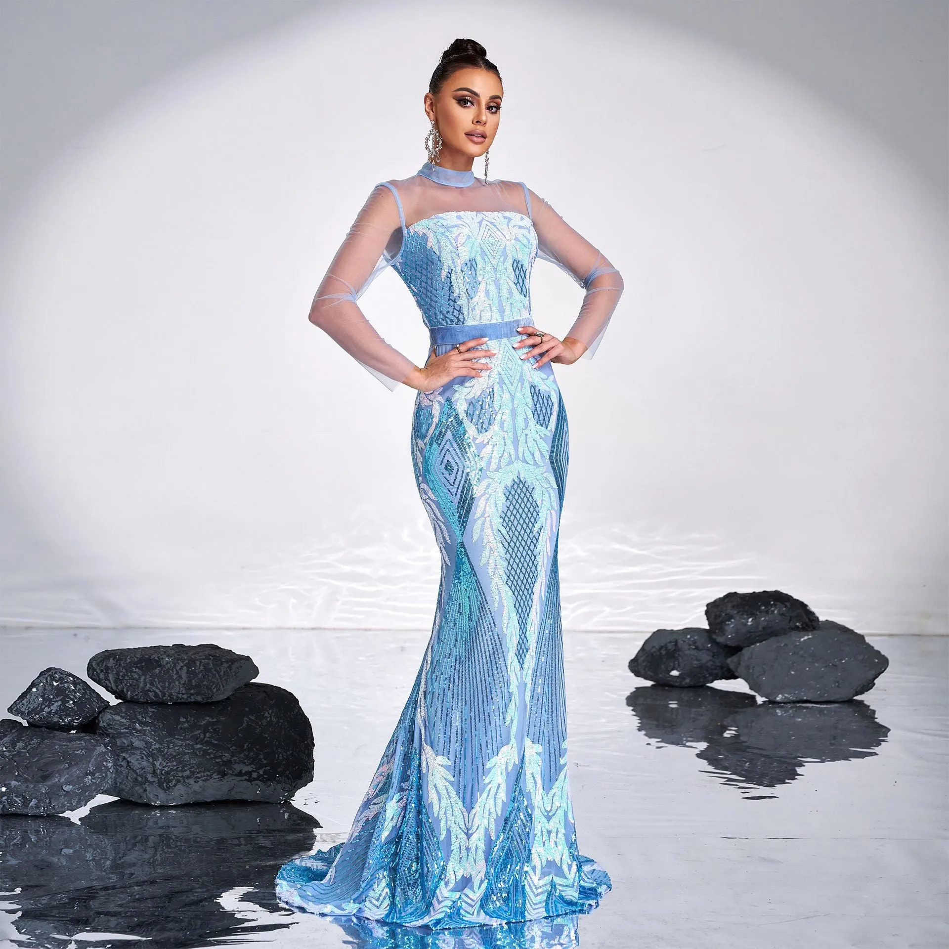 Long Sleeve Sexy Mesh Sequin Cocktail Evening Dress