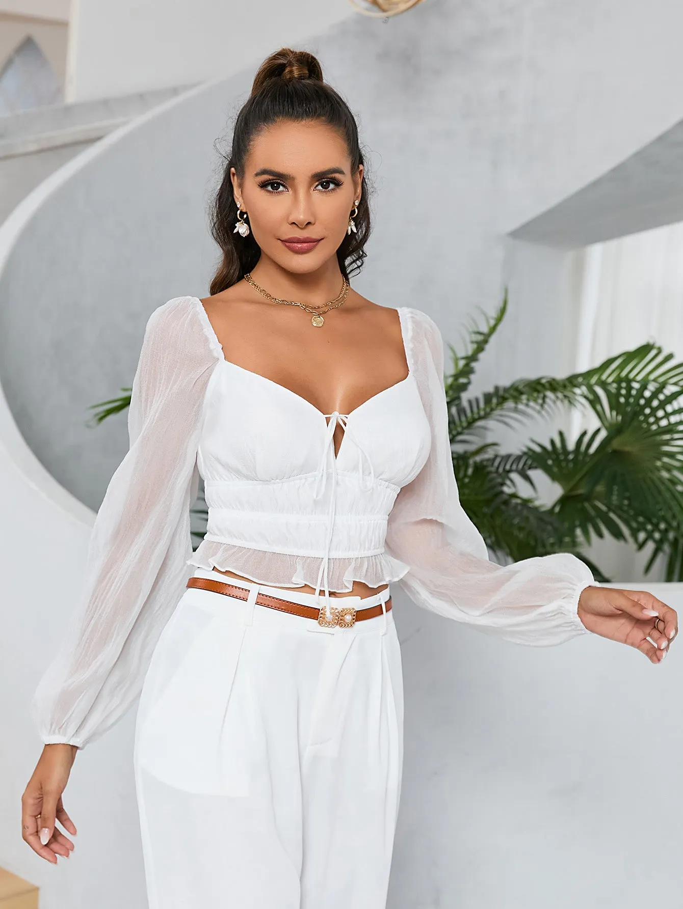 Long Sleeve Tie Front Backless Top