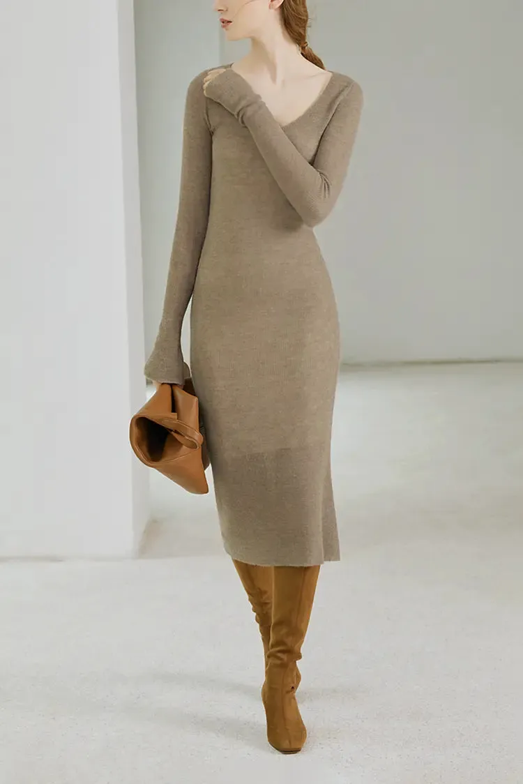 Long Sleeve V Neck Ribbed Knit Dress with Mermaid Skirt