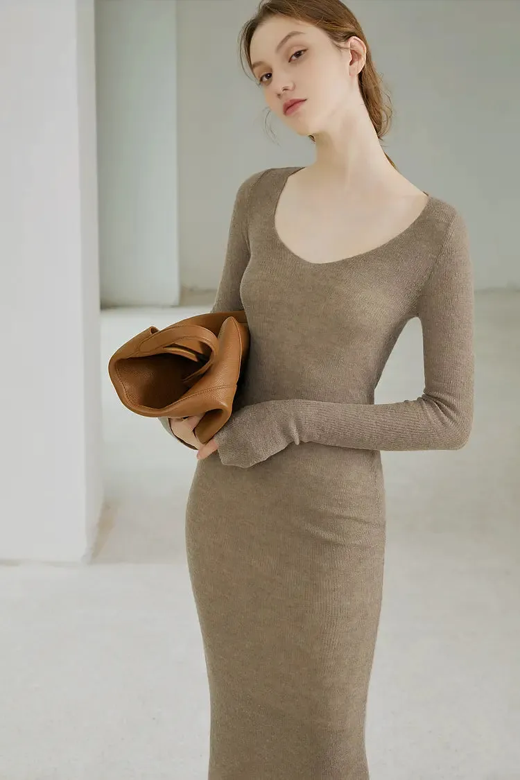 Long Sleeve V Neck Ribbed Knit Dress with Mermaid Skirt