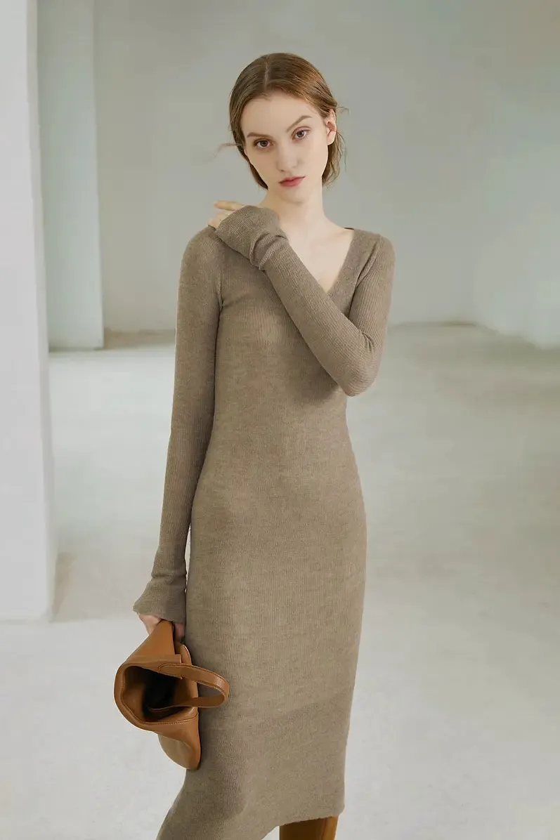 Long Sleeve V Neck Ribbed Knit Dress with Mermaid Skirt