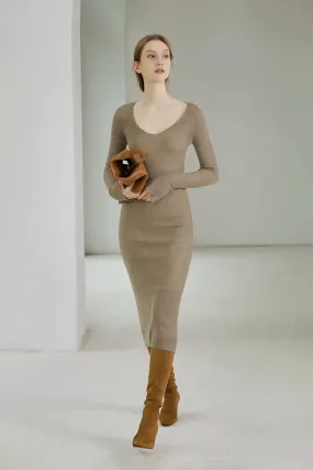 Long Sleeve V Neck Ribbed Knit Dress with Mermaid Skirt