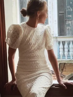 LONG SLIM STRETCH DRESS  WITH PUFF SLEEVES - OFF WHITE