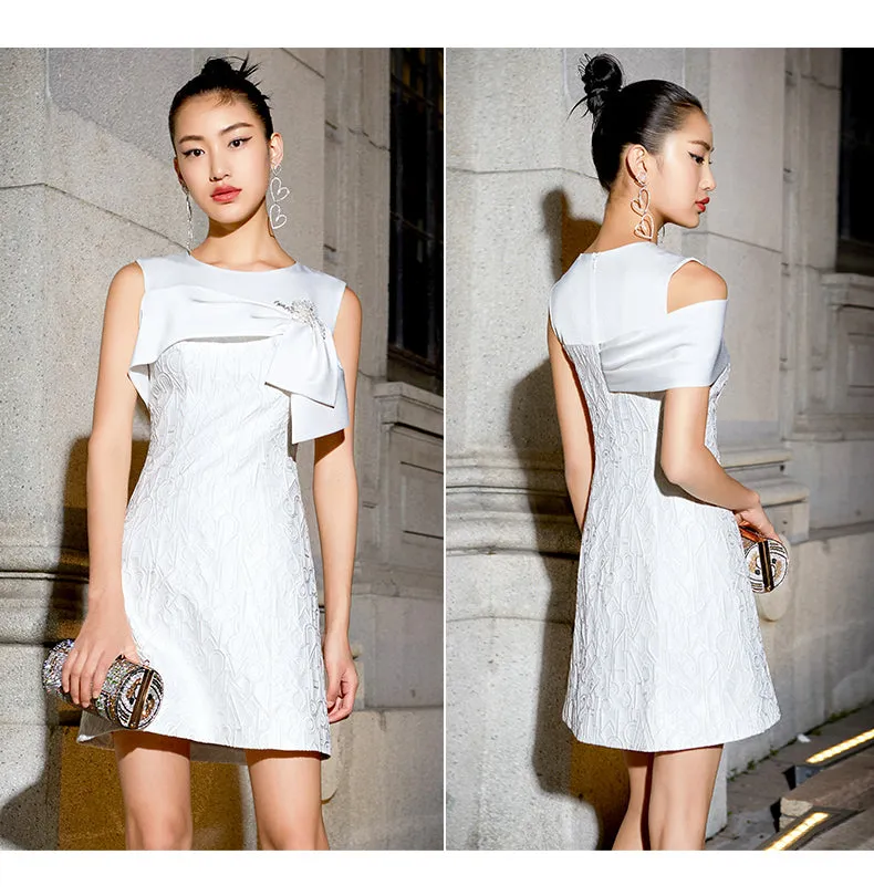 Luxury short white jacquard cocktail dress - Dira