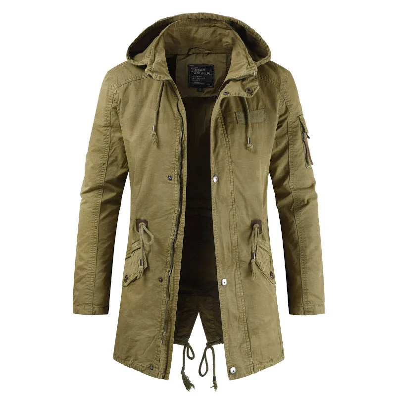 Men's Outdoor Military Winter Mid-length Jacket Stand-up Collar Hooded Trench Coat