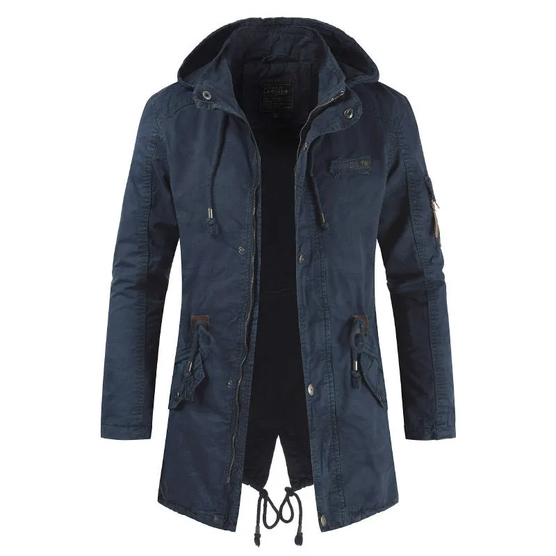 Men's Outdoor Military Winter Mid-length Jacket Stand-up Collar Hooded Trench Coat