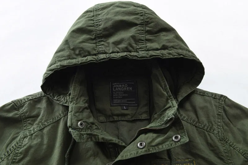 Men's Outdoor Military Winter Mid-length Jacket Stand-up Collar Hooded Trench Coat