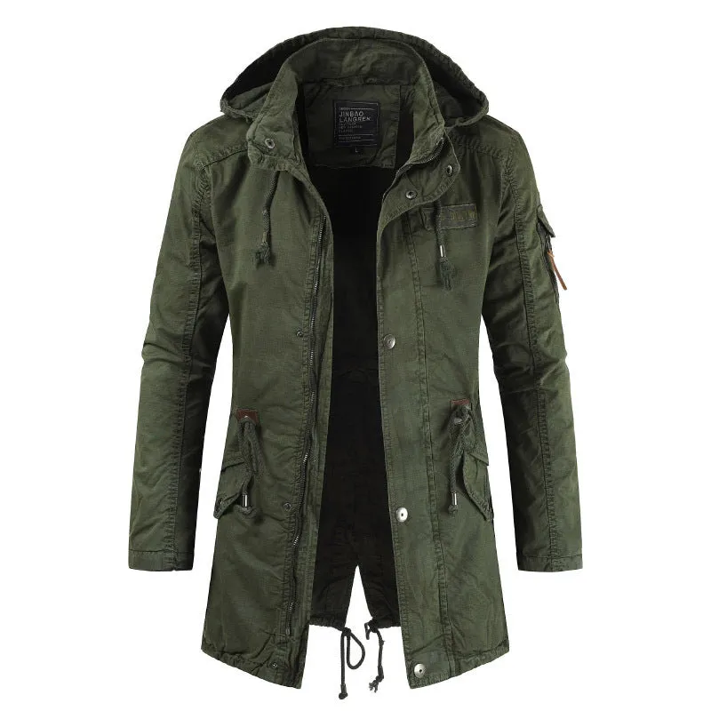 Men's Outdoor Military Winter Mid-length Jacket Stand-up Collar Hooded Trench Coat