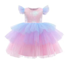 Mitsy - Girls Rainbow Unicorn Princess Dress - Pastel Rainbow  Dress