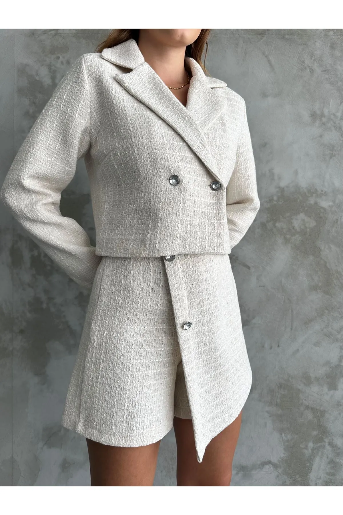 MXM Women TWEED SHORTS SKIRT SUIT WITH LAPEL COLLAR - Craiova