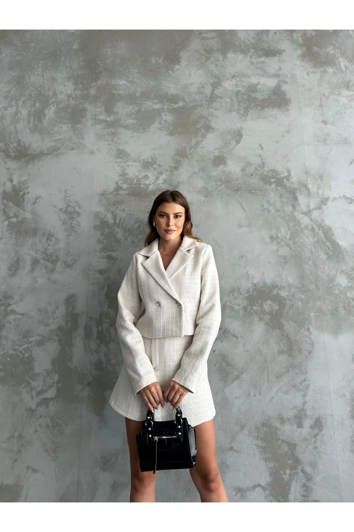 MXM Women TWEED SHORTS SKIRT SUIT WITH LAPEL COLLAR - Craiova