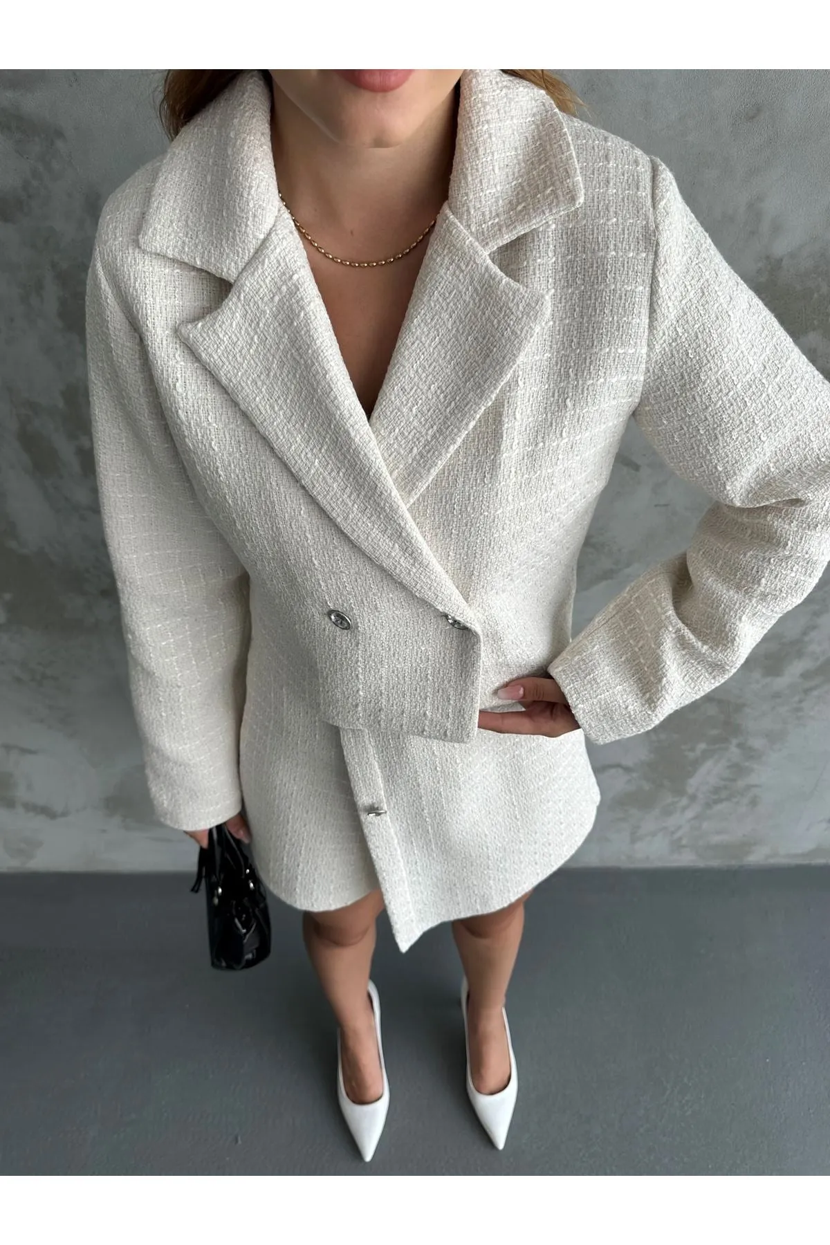 MXM Women TWEED SHORTS SKIRT SUIT WITH LAPEL COLLAR - Craiova
