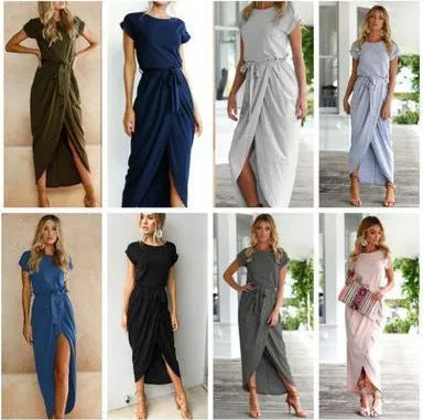 New solid color short sleeve crew neck irregular dress
