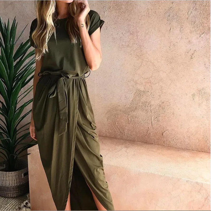 New solid color short sleeve crew neck irregular dress