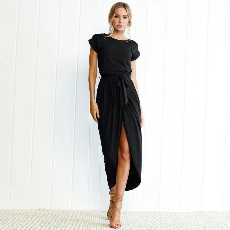New solid color short sleeve crew neck irregular dress