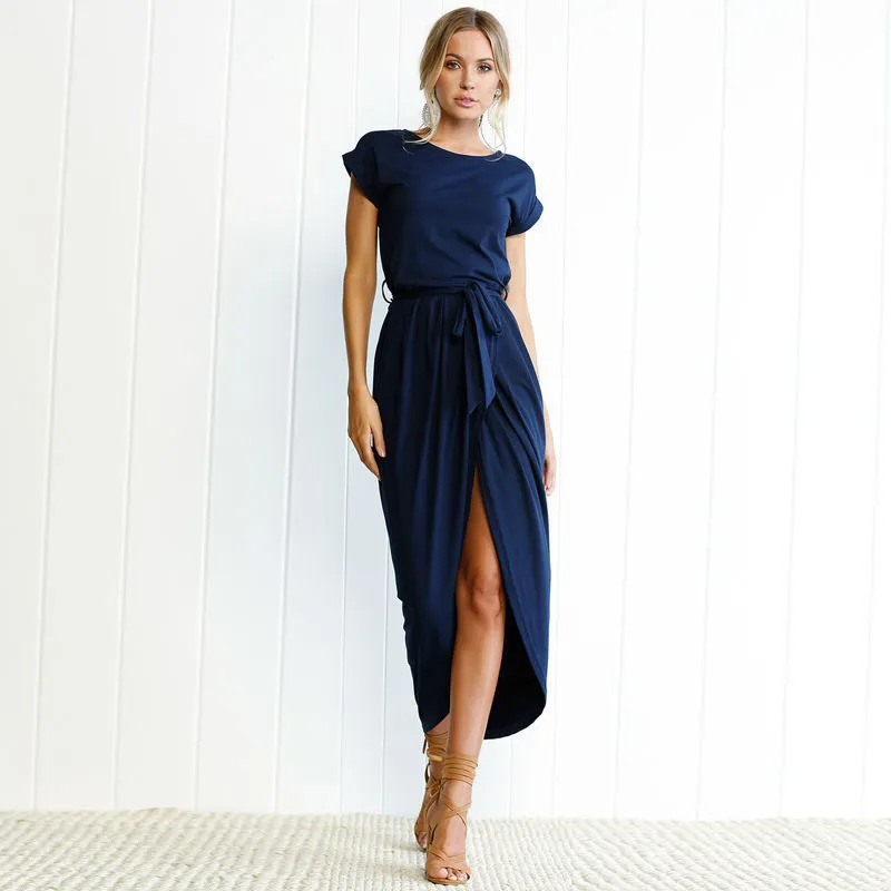 New solid color short sleeve crew neck irregular dress