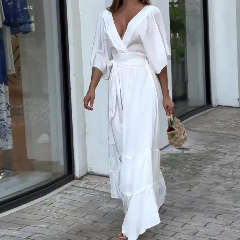 New solid color V-neck long dress - backless  
Bohemian Chiffon