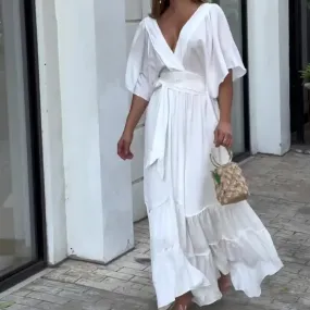 New solid color V-neck long dress - backless  
Bohemian Chiffon