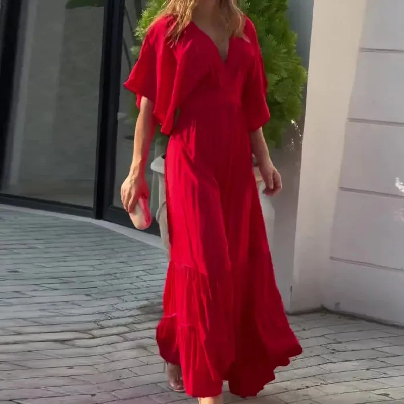 New solid color V-neck long dress - backless  
Bohemian Chiffon