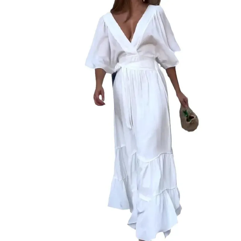 New solid color V-neck long dress - backless  
Bohemian Chiffon