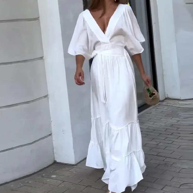 New solid color V-neck long dress - backless  
Bohemian Chiffon