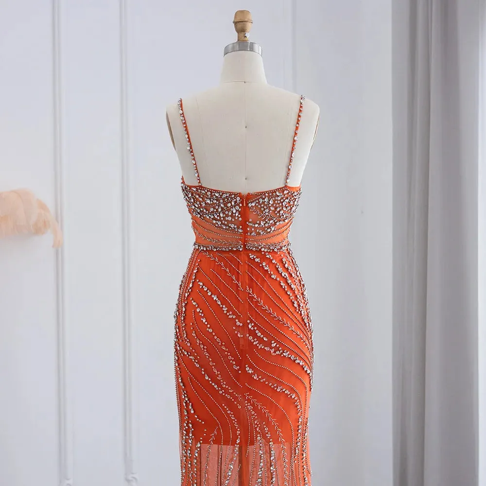 Orange Crystal Mermaid Evening Dress