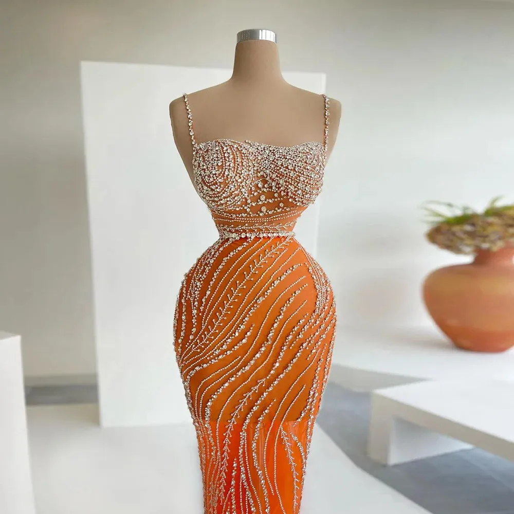Orange Crystal Mermaid Evening Dress