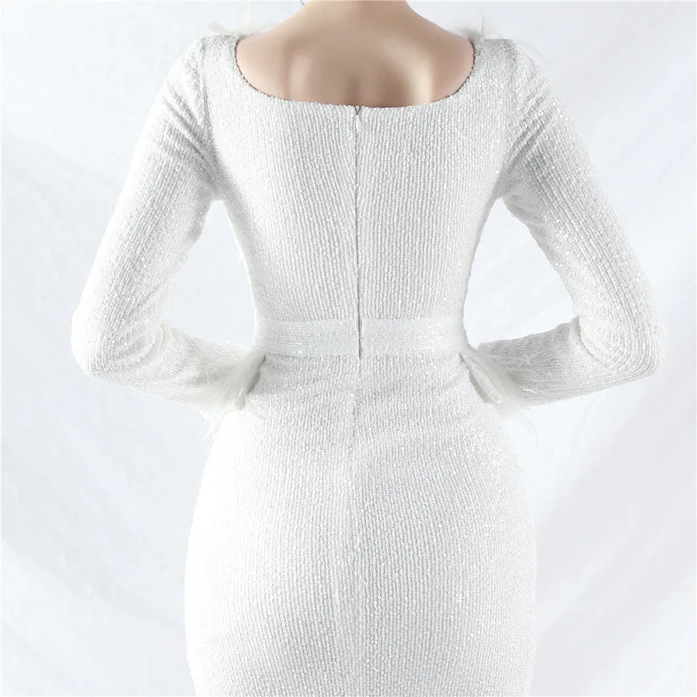 Ostrich Feather Long Sleeve Sequin Evening Dress