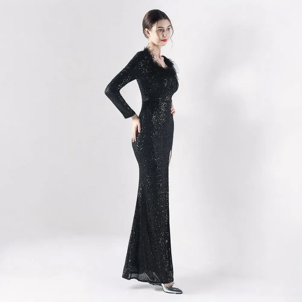 Ostrich Feather Long Sleeve Sequin Evening Dress