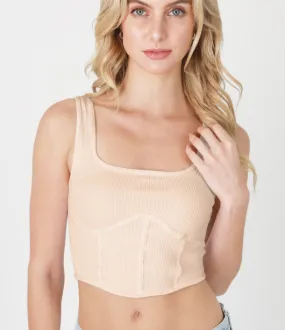 Pearled Ivory Ribbed Square Neck Corset Top
