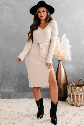 Philadelphia Feels Long Sleeve Cable Knit Midi Dress (Beige)