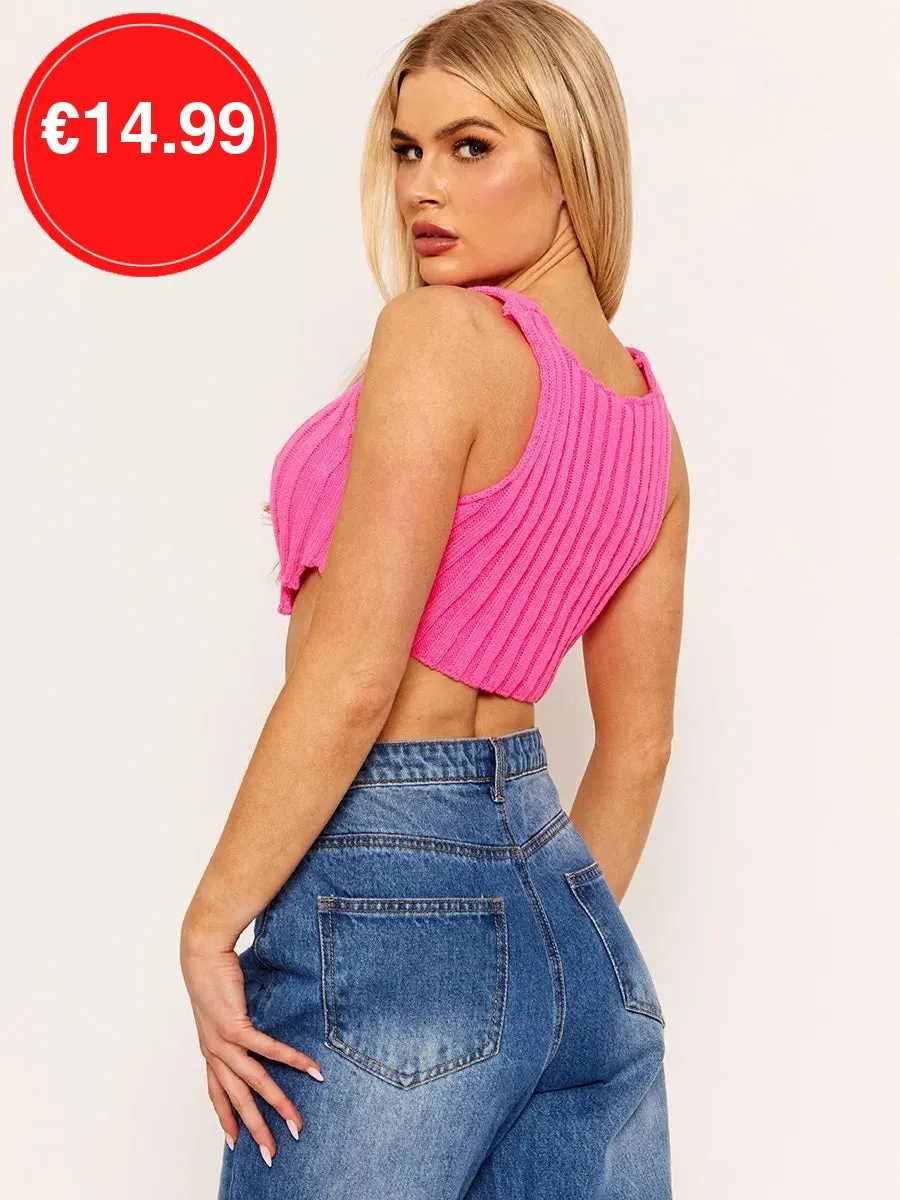 Pink Hem Knitted Vest Crop Top