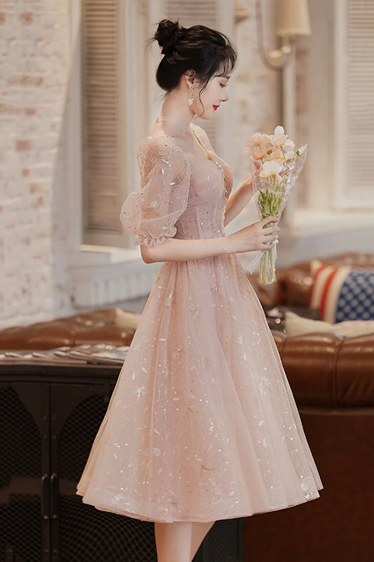 Pink Tulle Short Homecoming Dress, Cute Short Sleeve Party Dress