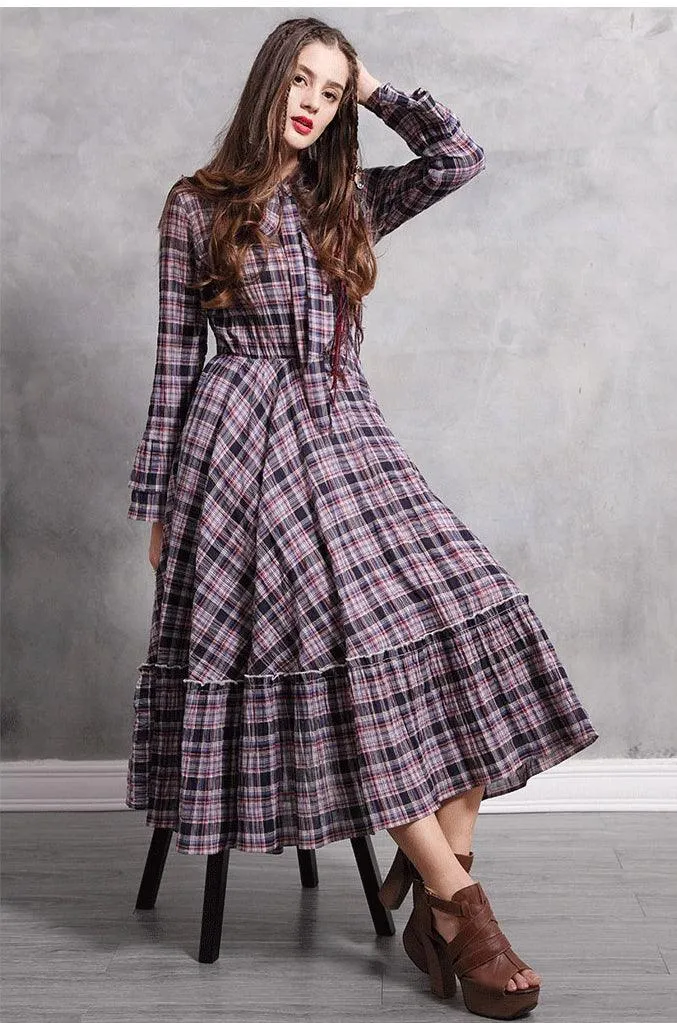 Plaid Flare Sleeve A-Line Swing Drawstring Collar Dress