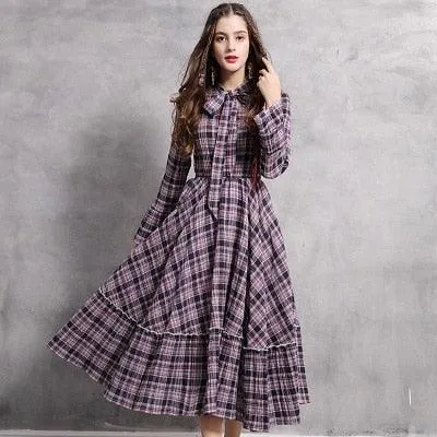 Plaid Flare Sleeve A-Line Swing Drawstring Collar Dress