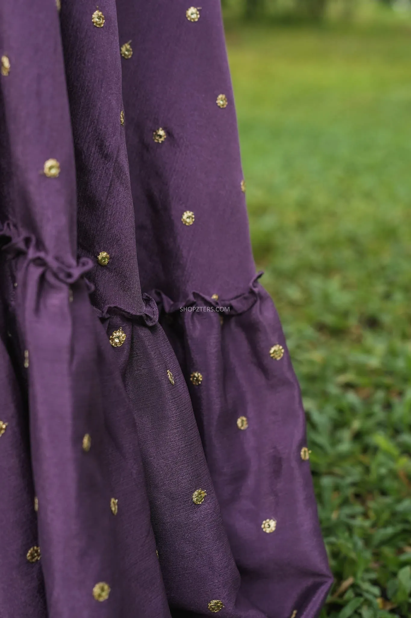 Plum Violet Flared Lehenga With Embroidered Buttas
