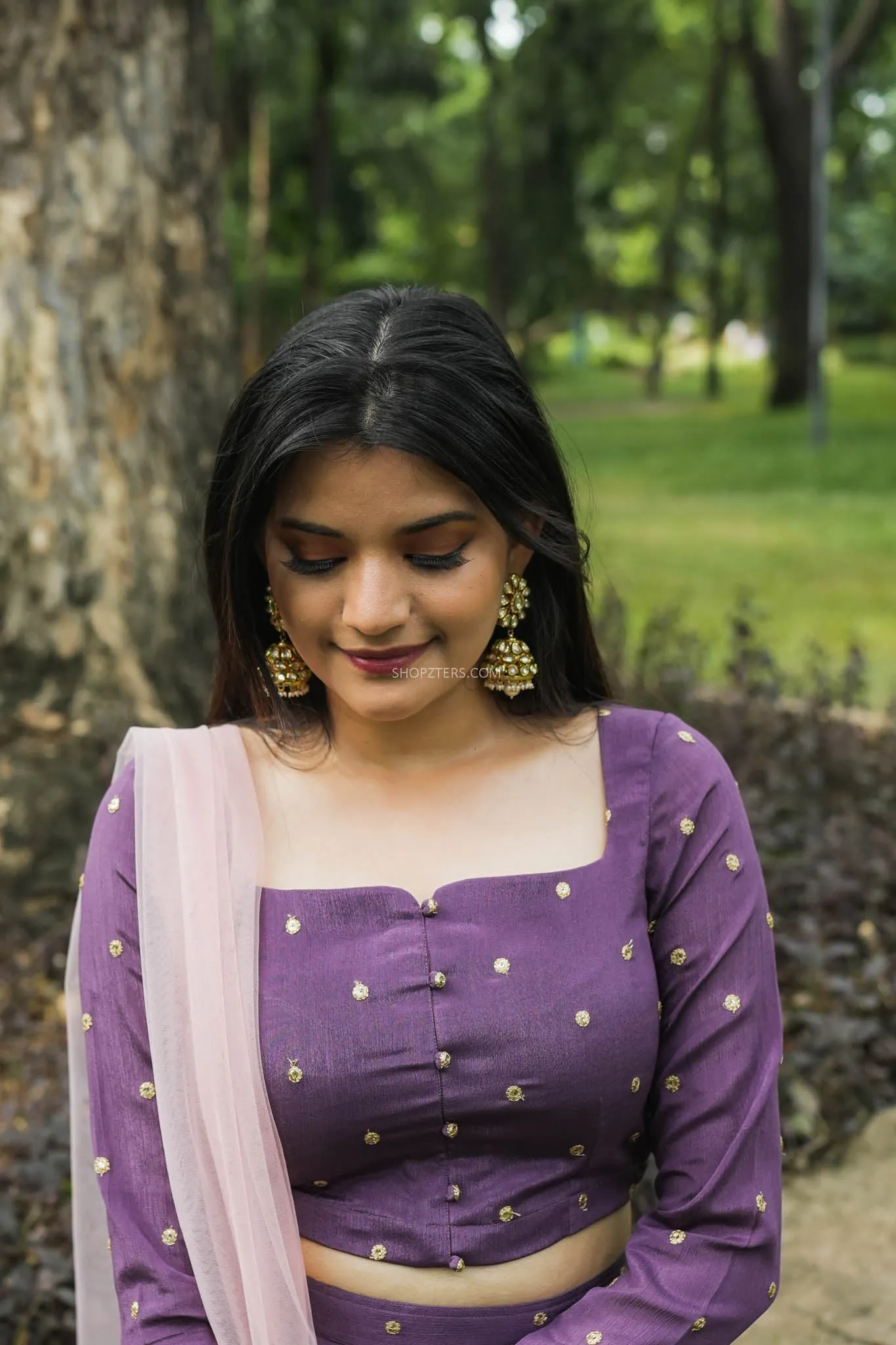 Plum Violet Flared Lehenga With Embroidered Buttas