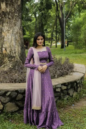 Plum Violet Flared Lehenga With Embroidered Buttas