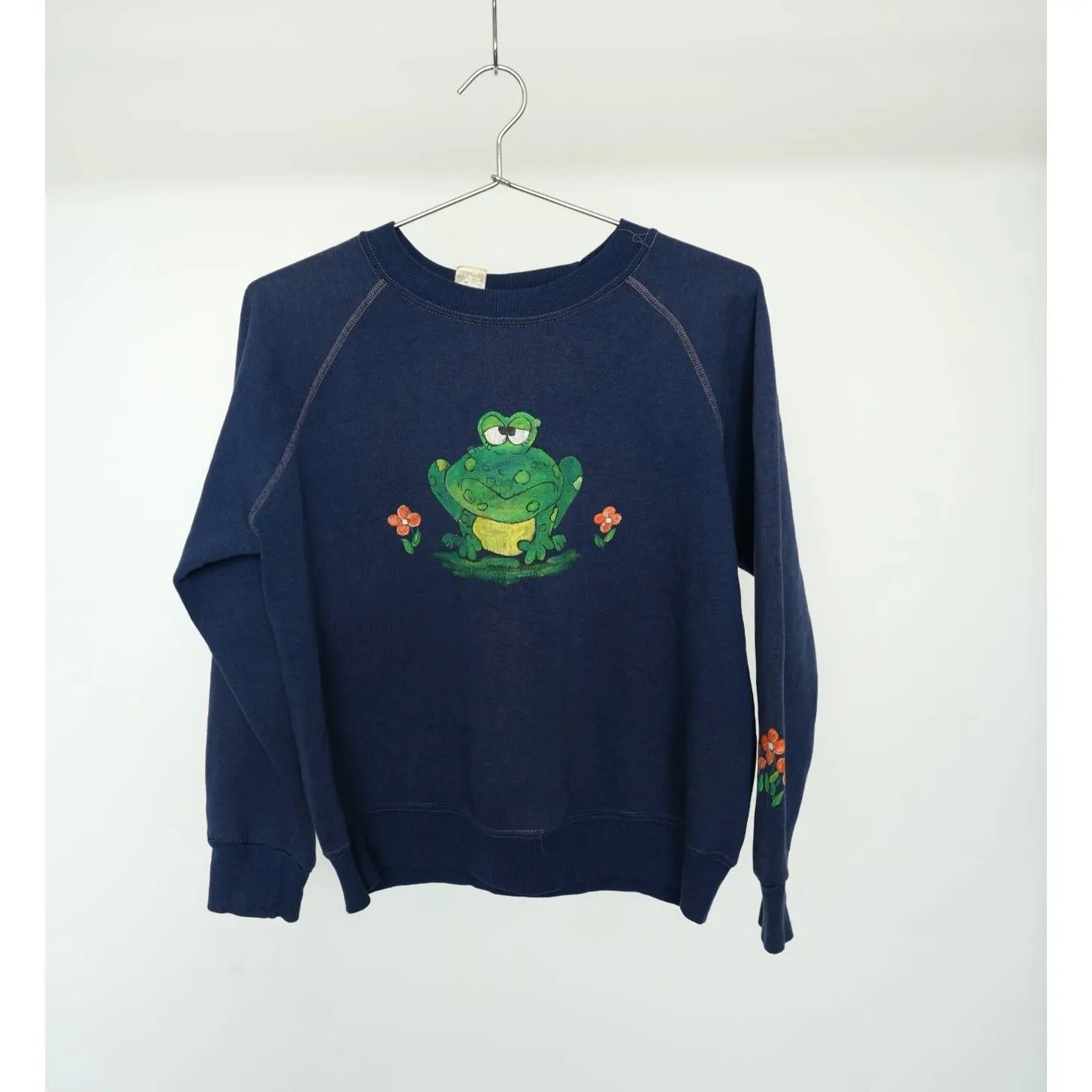 "Retail" Vintage 1980s Frog Graphic Print Crewneck Pullover Sweatshirt Navy Blue Size M Women's