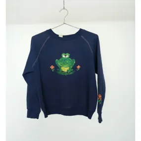 "Retail" Vintage 1980s Frog Graphic Print Crewneck Pullover Sweatshirt Navy Blue Size M Women's